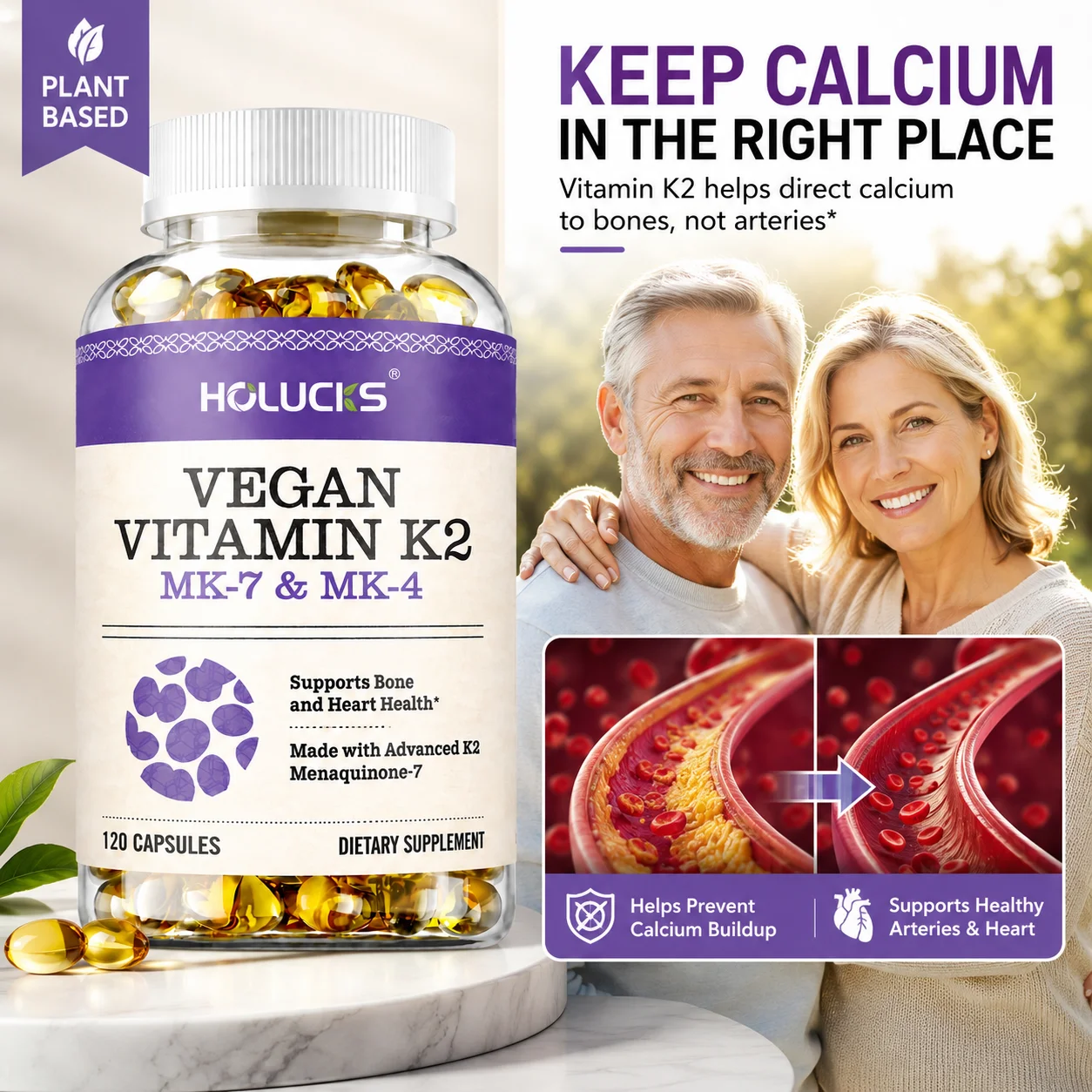 Vitamin K2 Capsules MK‑7 & MK‑4, Support Calcium Utilization for Bone & Teeth Strength, Heart, Circulation  & Artery Health