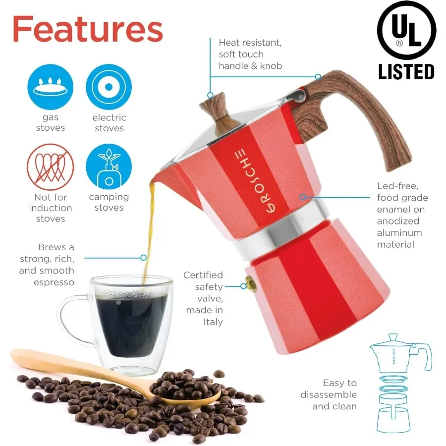 Milano – cafetière expresso sur cuisinière, Pot Moka pour 3 tasses à expresso, cafetière cubaine rouge de 5oz, cafetière avec Esp italien