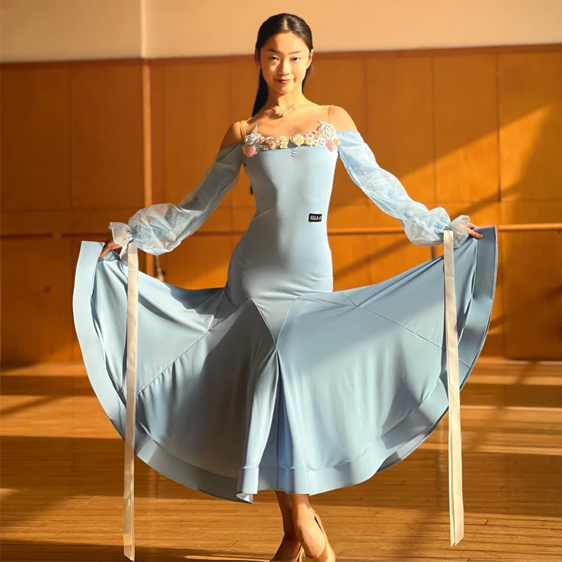 Adults Modern Dancing Dresses Blue Lantern Sleeves Ballroom Dance Performance Dress Women Samba Latin Dance Costume SL11414