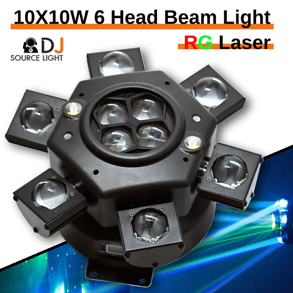 

NEW 10X10W LED 6 Head Moving Head Beam Light RG Laser Strobe Light DMX Stage Light RGB Beam Light Rotating Disco Music Party Bar