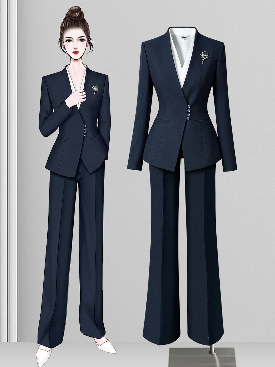 Professional Business Suit Set for Women Autumn Elegant Stylish Hotel Front Desk Reception Workwear Jewelry Store Uniform