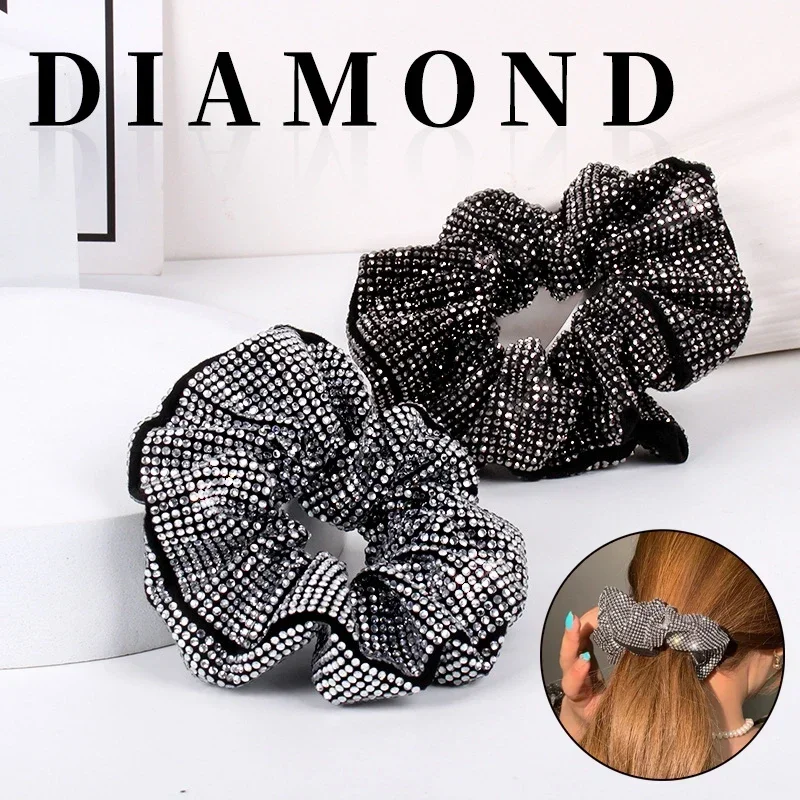 

Fashion Rhinestone Women Silk Scrunchie Elastic Handmade Hair Black Band Ponytail Holder Headband Hair Accessories