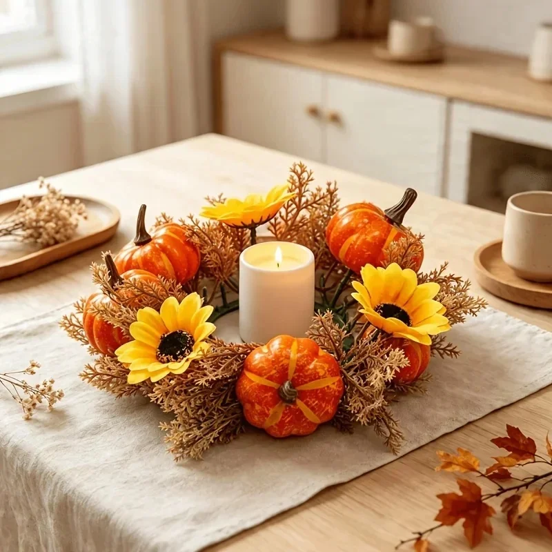 Orange Pumpkin Sunflower Candle Ring, American Country Style Thanksgiving Halloween Table Decoration, Candle Holder, Fireplace