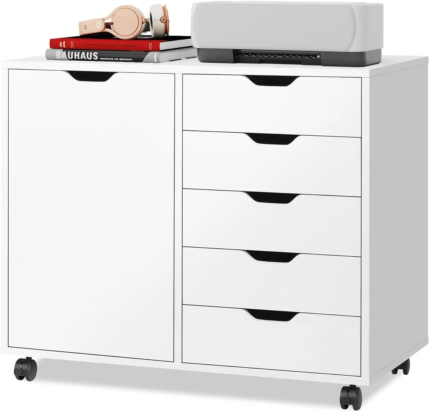 

5-Drawer Wood Drawer Cabinet, Office Storage Cabinet with Adjustable Shelf & Wheels, Printer Stand for Home Office, White