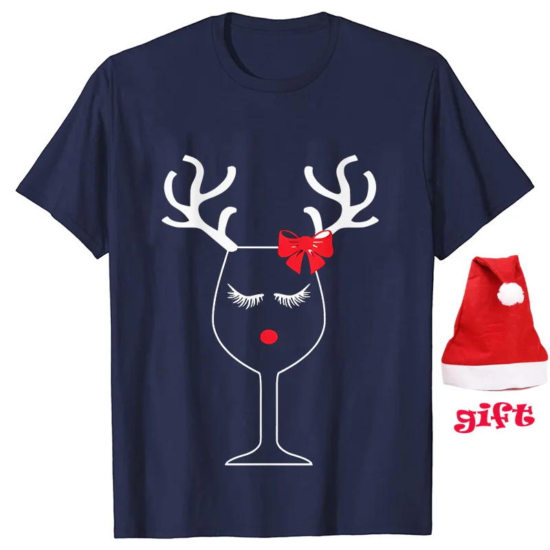 Women T-Shirt Christmas Wine Print Tops Casual Party Aesthetic Tshirt Short Sleeve Tees Female Clothing with Christmas Hats