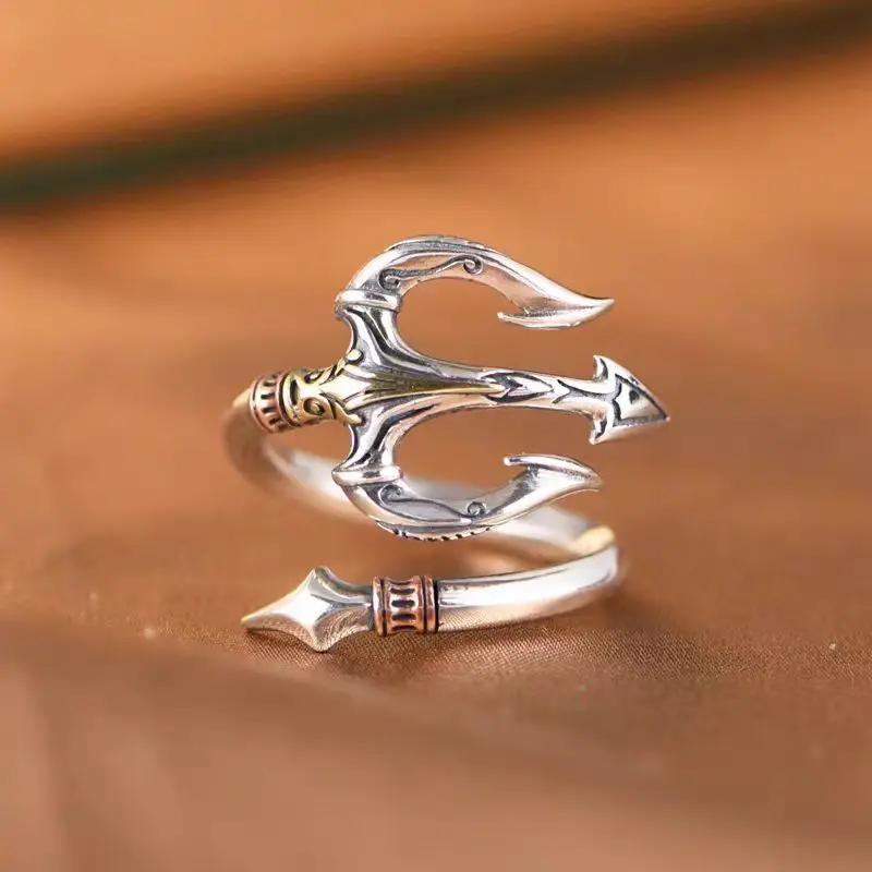 Creative Silver 925 Art Sea God Tridents mens rings Simple and Handsome Hip Hop Retro style Open Ring fine Jewelry Gift