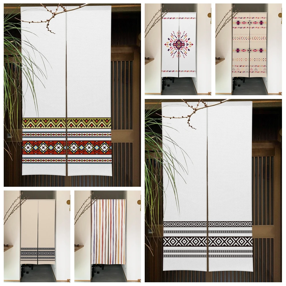 Japanese Door Curtains Noren Bohemian Ethnic Tribal Pattern Stripe Design for Room Divider Boho Home Decor Entrance Half Curtain