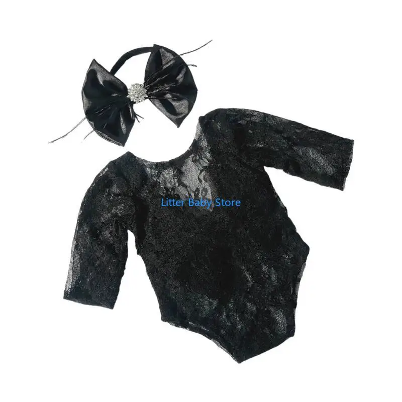 مجموعة رومبير دانتيل N80C رومبير دانتيل رقيق مع عصابة رأس للتصوير الفوتوغرافي لحديثي الولادة تتضمن عصابة رأس للأطفال من عمر 0 6