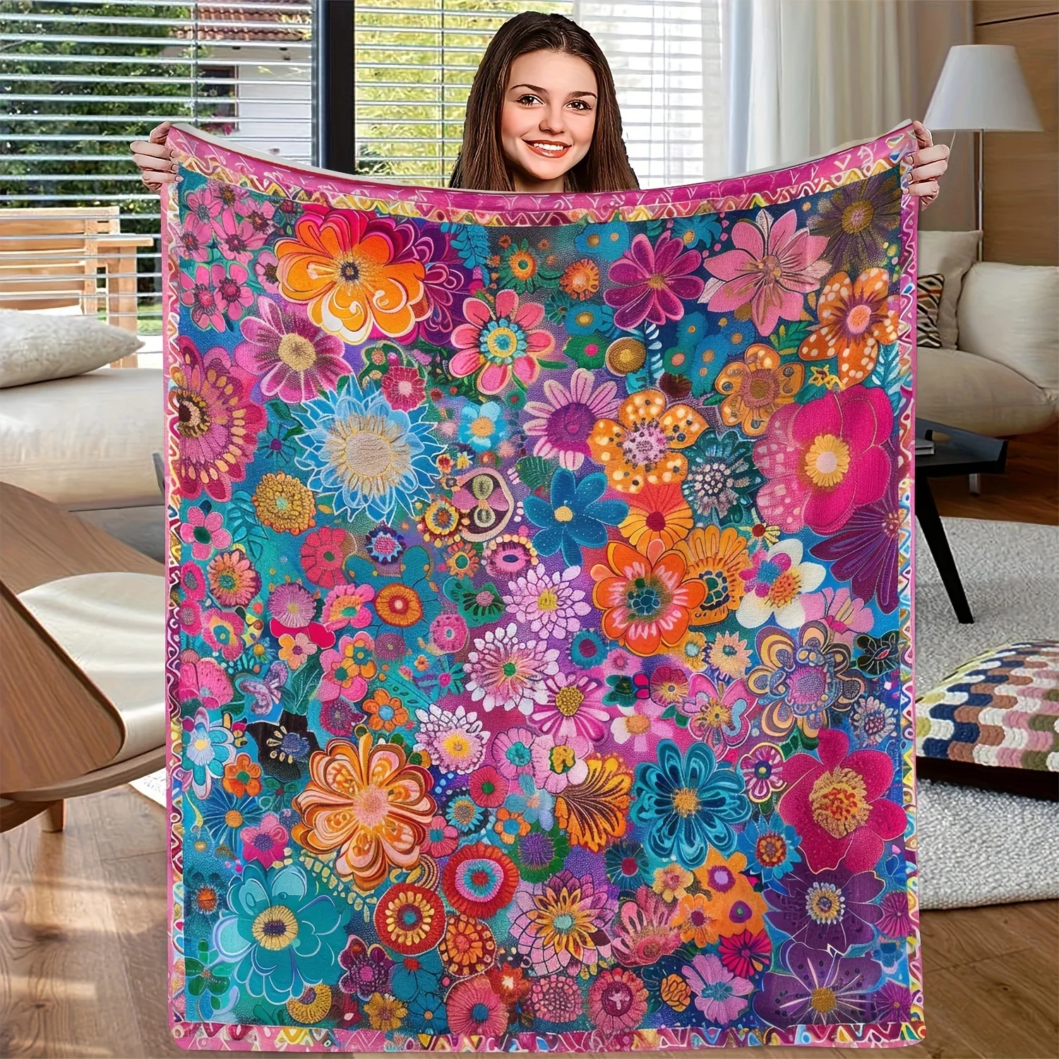Boho Colorful Floral Flannel Throw Blanket, Vibrant Mixed Flower Print Soft Blanket for Bedroom Sofa Cozy Home Decor Gift