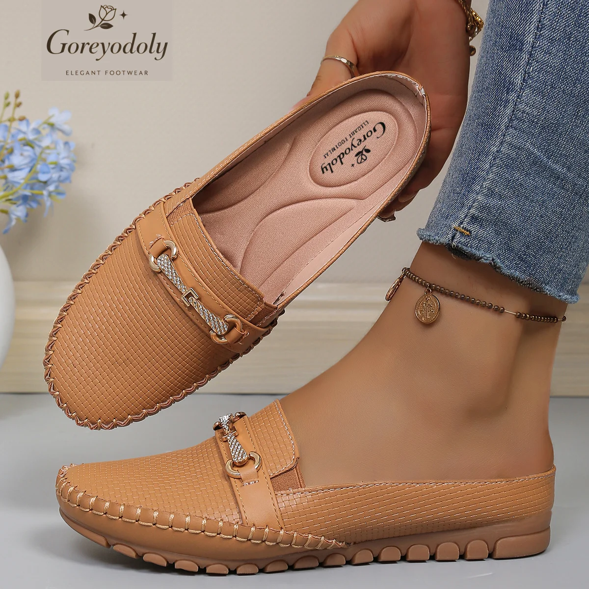 Goreyodoly Damen-Mule-Flats, gesteppte Slip-On-Schuhe mit Kettendetail, weite Passform, leichte, weiche Sohle, lässige Komfort-Loafer
