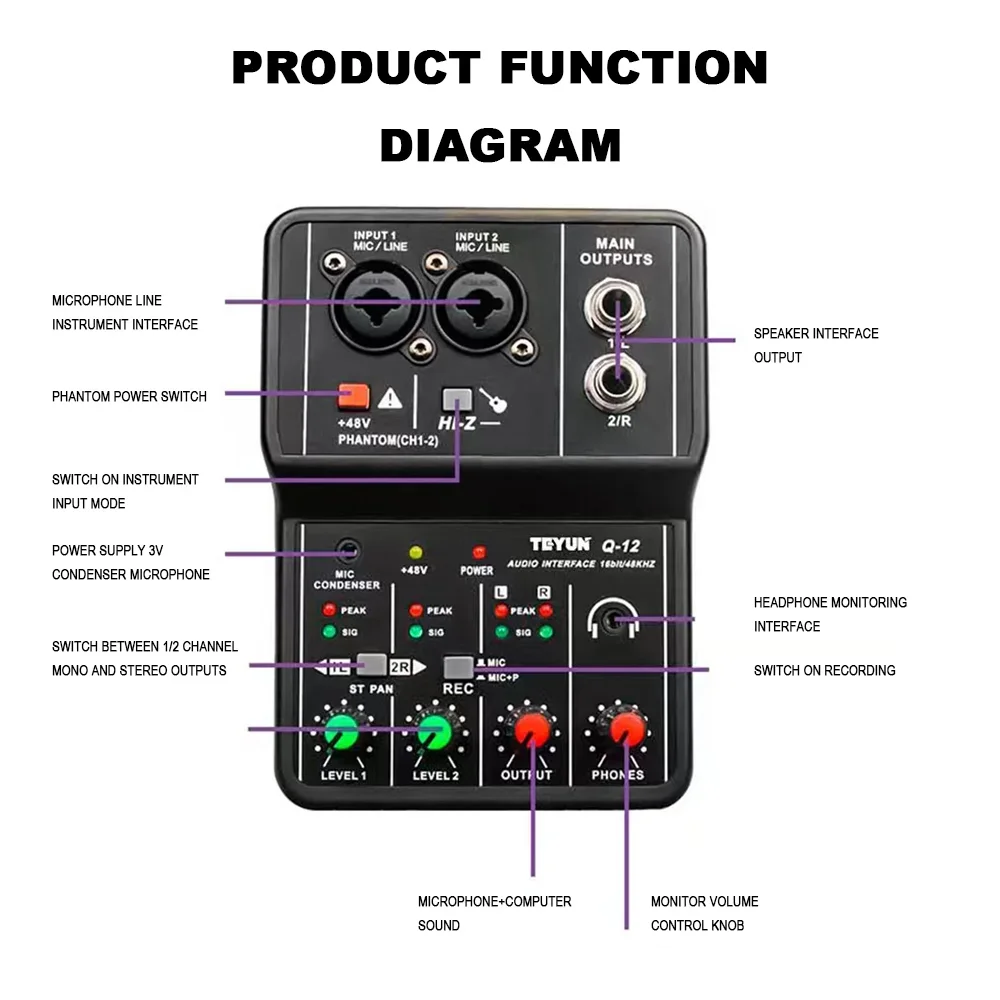 Q12 2 canales interfaz de Audio profesional consola de tarjeta de sonido Mini mezclador USB portátil para grabación de guitarra estudio canto