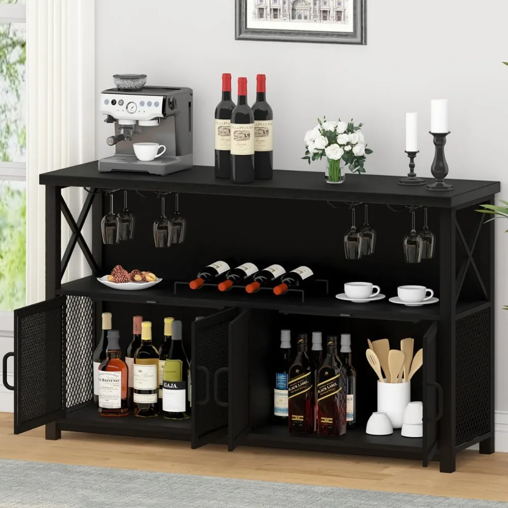 Gabinete de barra de café negro, gabinete de licores moderno para licores y vasos, aparador de cocina, gabinete de Buffet con estante para vino