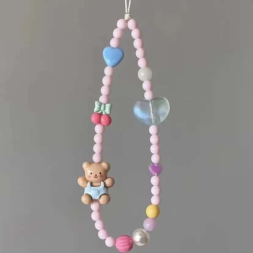 Original cute bear mobile phone chain small fresh girly heart ins pink cherry heart beads cellhone Lanyard