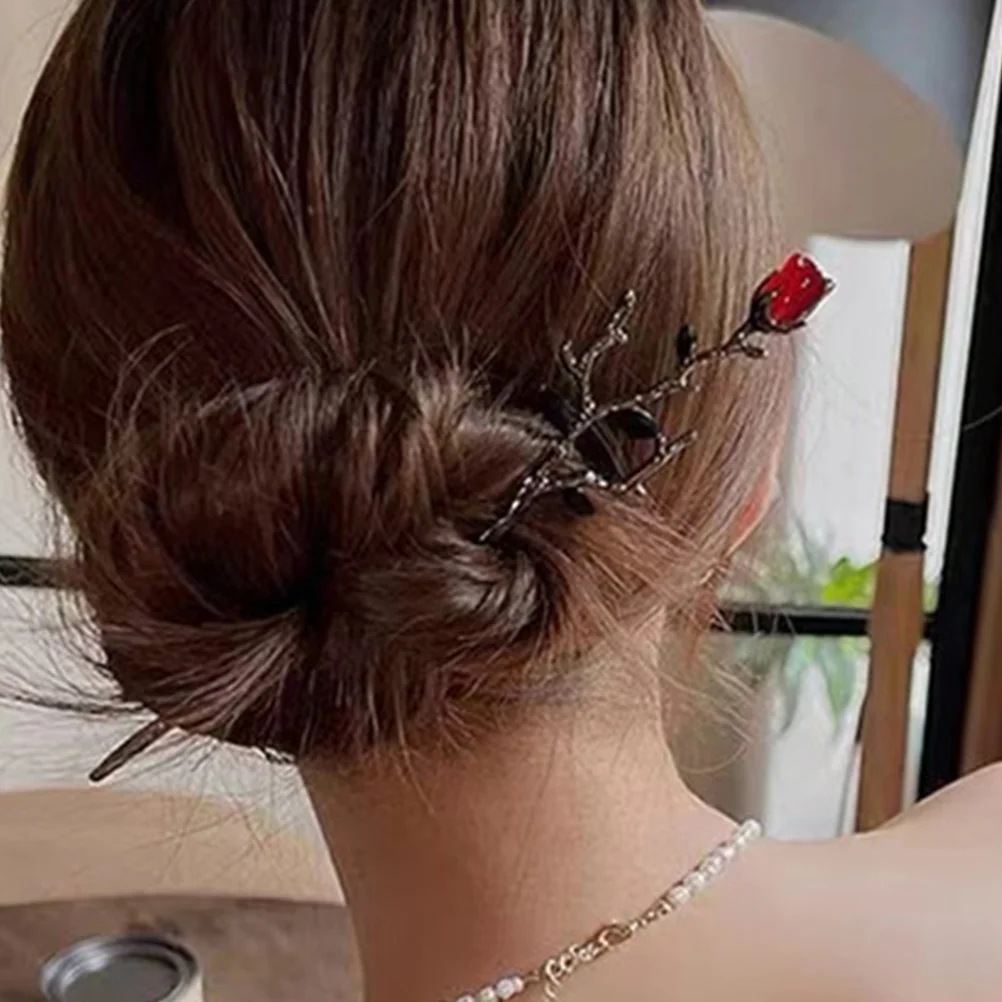 

2pcs Metal Flower Hairpin Vintage Bridal Accessories Durable Alloy Rose Hair Sticks Bun Hairstyle Women Hairpins