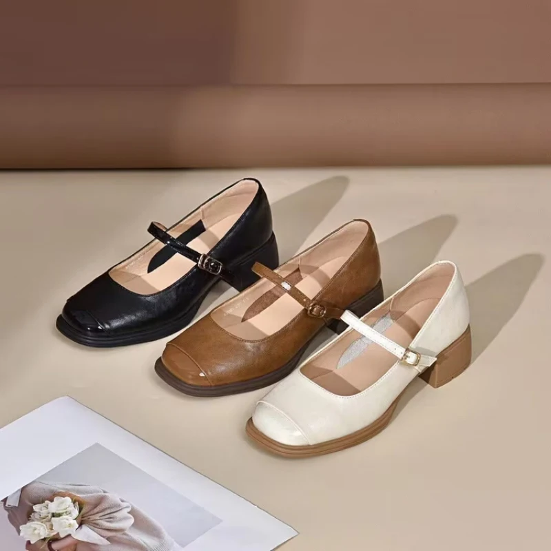 Damen Mary Jane Schuhe Blockabsatz Runde Spitze Schnallenverschluss Bequeme Lederpumps Vintage Casual Büroschuhe für Damen