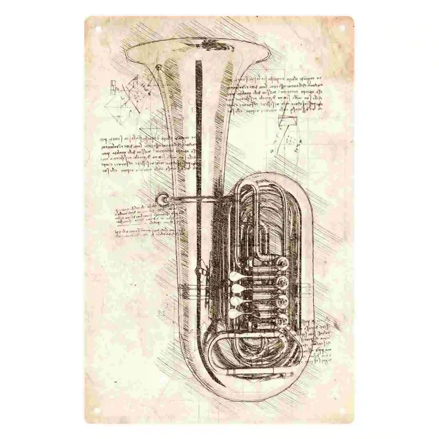 2D FLAT 1pc Vintage Brass Tuba Blueprint Style Music Instrument Art Decoration for Home Cafe Garage Bedroom Porch And Garden
