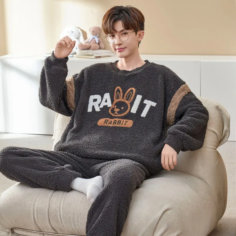 حجم كبير بيجامة شتوية الرجال الشتاء سميكة المرجان الصوف الدافئة ملابس خاصة الكورية الشباب الكرتون المتسكعون الفانيلا قطعتين مجموعة #2