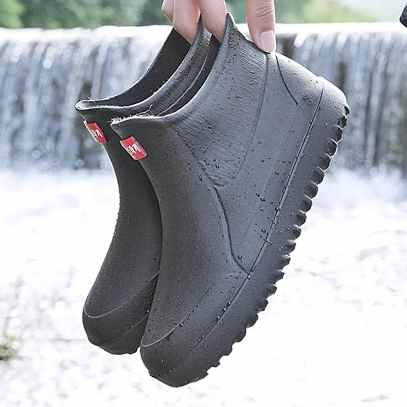 

Мужские модные непромокаемые нескользящие резиновые сапоги, теплые флисовые рабочие ботинки до середины икры, кухонные короткие чехлы для обуви для воды