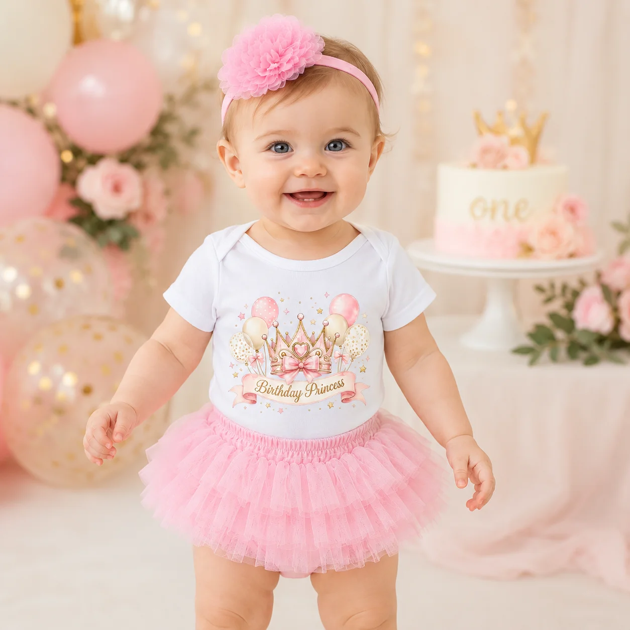 3Pcs Baby First Birthday Clothes Set Princess Print Romper Pink Tulle Tutu Skirt Floral Headband Infant Girl 1 Year Birthday Par