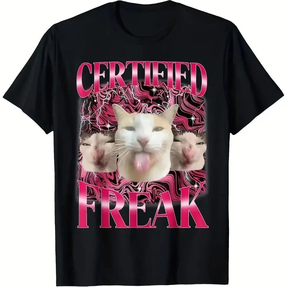 2026 Summer Certified Freak Funny Cat Meme T-Shirt Vibrant Graphic Design Short Sleeve Casual Sporty Shirt Y2k