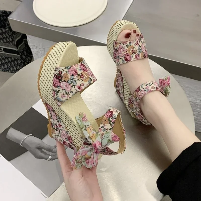 INS Hot Lace Leisure Women Wedges Heeled Women Shoes 2024 Summer Sandals Party Platform High Heels Shoes Woman