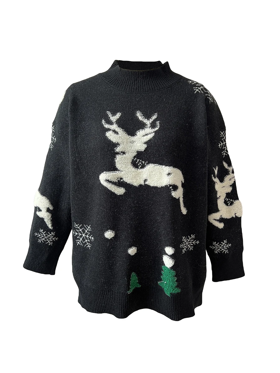 Women\'s Christmas Tree Fawn Knit Sweater Women\'s Elk Pattern Small Turtleneck Long Sleeve Knit Winter Wear Red/Black S/M/L/XL