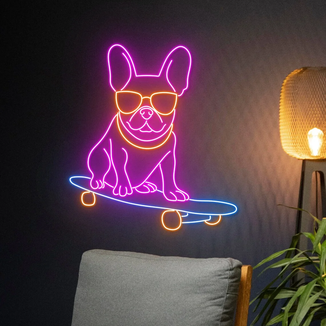 French Bulldog Skateboarding Neon Sign Bull Dog Skateboarder Led Light Dog Skateboard Player Neon Light Bedroom Home Wall Decor