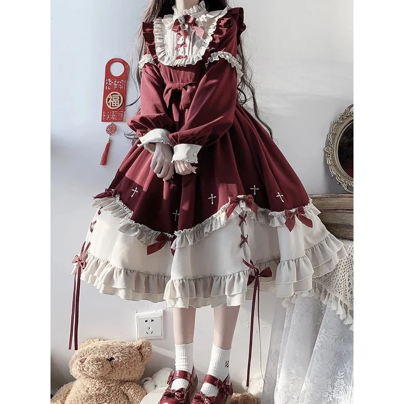 

Japanese Lolita Women's Bow Dress 2024 Autumn and Winter New Fashion Sweet Gothic Cross Ruffled Long Sleeve OP Dresses Ladies