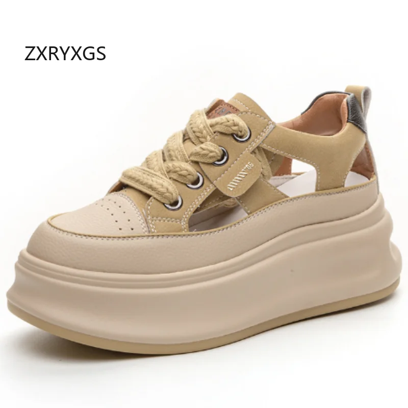 

ZXRYXGS 2025 New Cross Straps Summer Hollow Genuine Leather Sneakers Women Sandals Platform Non-slip Light Increase Sandals Tide