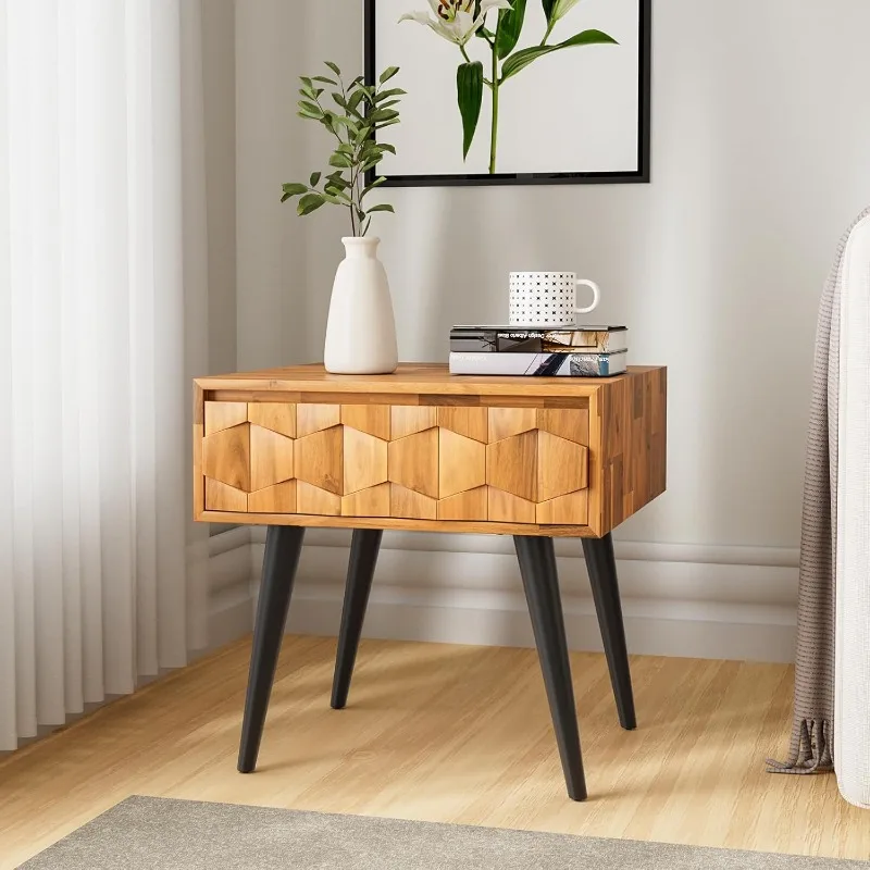 Georgina Solid Wood Nightstands with Drawers - Fully Assembled Rustic Geometric Pattern Bedside Cabinet