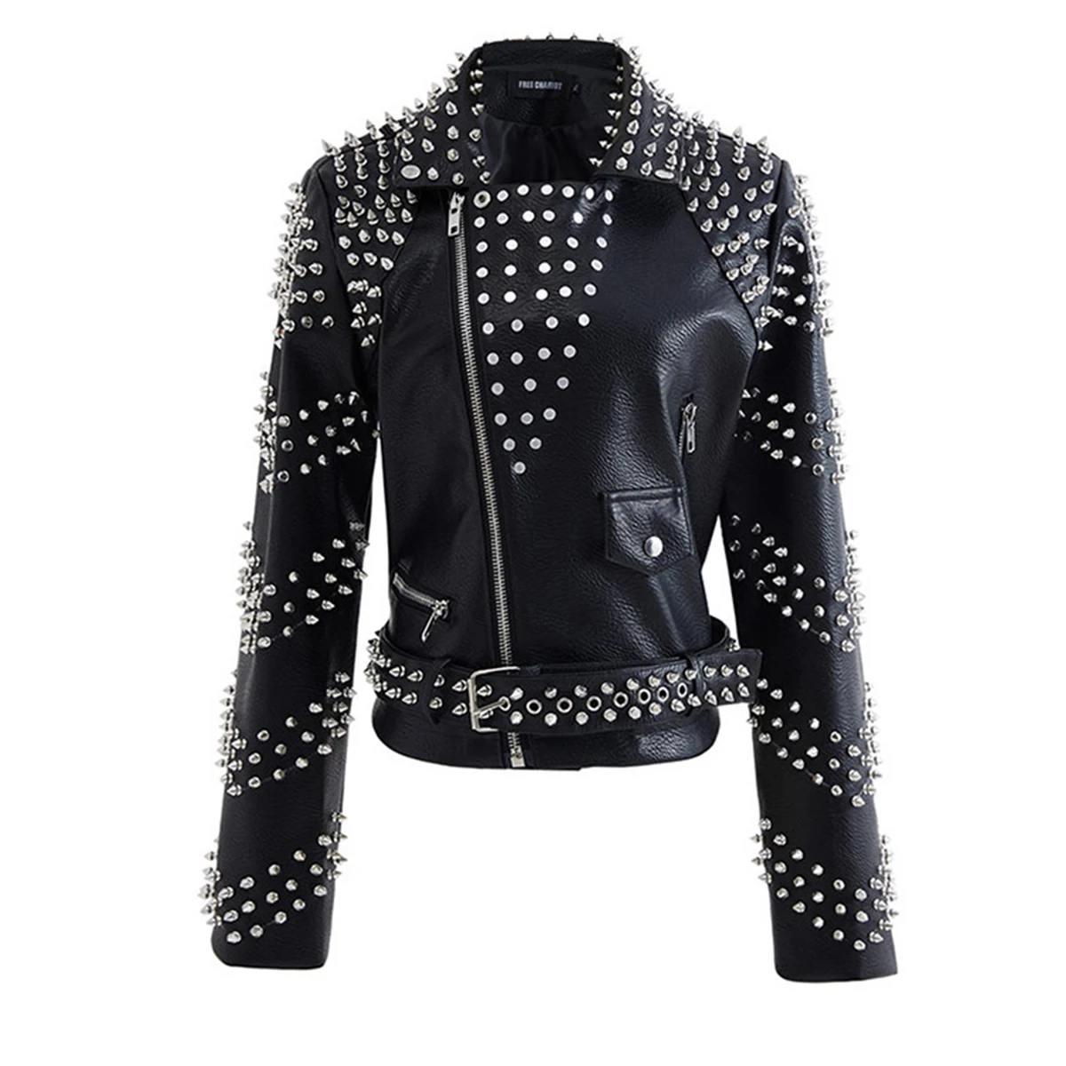 Women\'s Punk PU Rivet Jacket Studded Long Sleeves Faux Leather Streetwear Steampunk Motorcycle Biker Coat