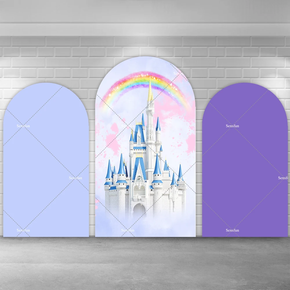 

Rainbow Princess Castle Arch Backdrop Cover Light Purple Lavender Color Girls Baby Shower 1st Birthday Party Chiara Background