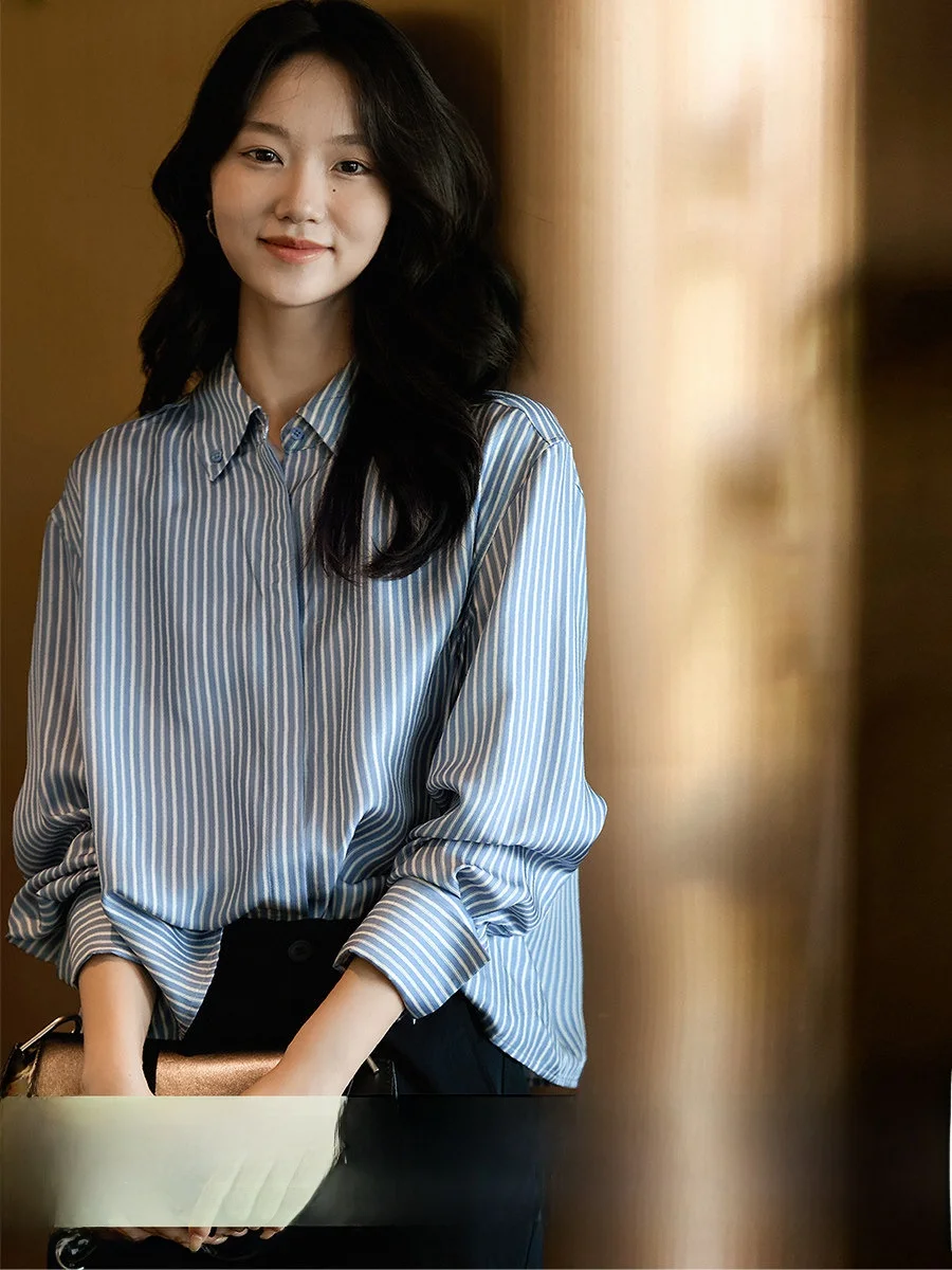 

Женская шелковая рубашка с художественным полосатым узором, укороченная, приталенная, модная, прямого кроя, с длинным рукавом, без воротника, кардиган