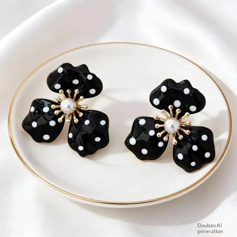 Black Polka Dot Flower Stud Earrings Hypoallergenic Faux Pearl Accent Gold Tone Edging For Daily Wear And Special Occasions A-J