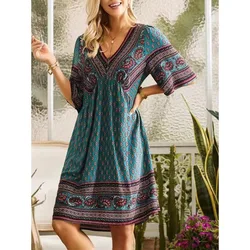 Summer Women's V-neck Printed Dress Casual Home Dress