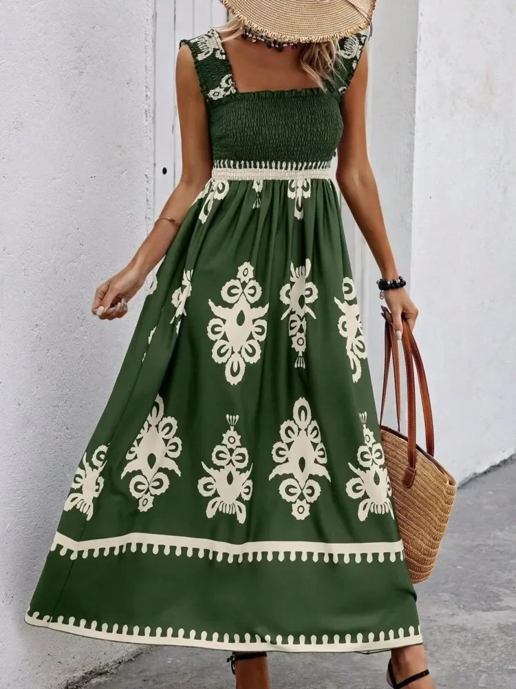 Frauen Sexy Strap Strand Urlaub Sommerkleid Sommer Mode Druck Ärmellose Elastische Brust Einfache Boho Casual Midi Kleider