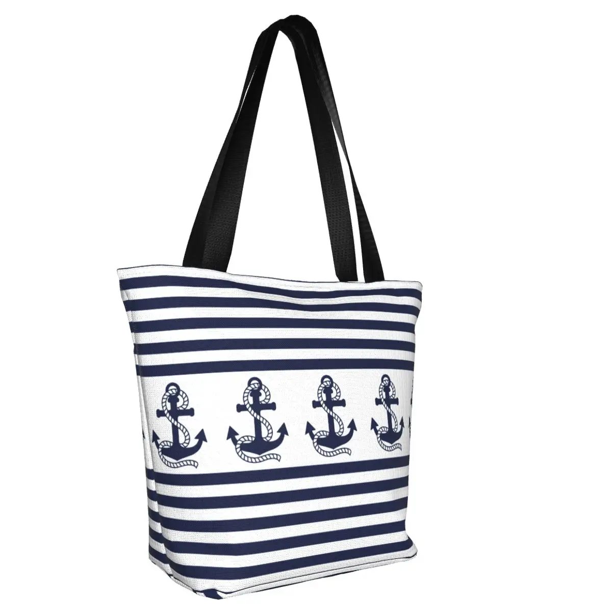 Custom Nautical Stripe Navy Blue Anchor Groceries Shopping Bags Canvas Shopper Shoulder Tote Bags Large Capacity Durable Handbag