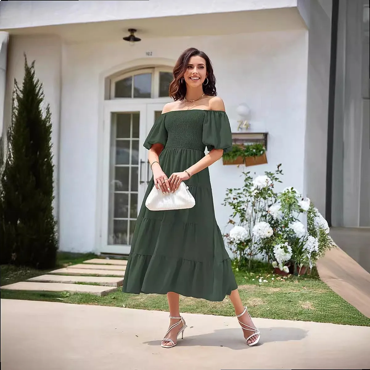 Women's Square Neck Backless Bubble Sleeve Ruffle Short Dress Dresses Spring Summer