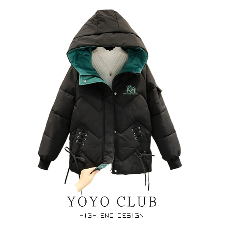 

Women's Thiened down Cotton Jaet Loose Fit Winter Coat Korean Sle Printed Long Sve Zipper Closure Hooded Coat