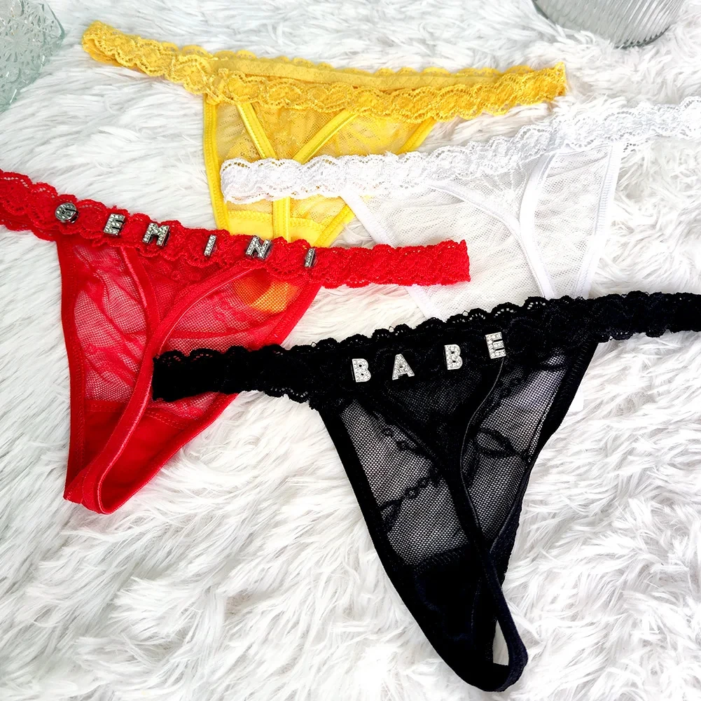 2Pcs/set Custom String Thongs Panties with Name Women Letters Lace Thongs G String Personalized Underwear Lingerie Dice Gifts