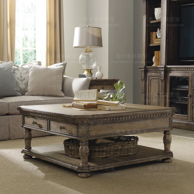

Solid Wood Tea Table Square Carved Tea Table High-End Coffee Table Antique Distressed Furniture