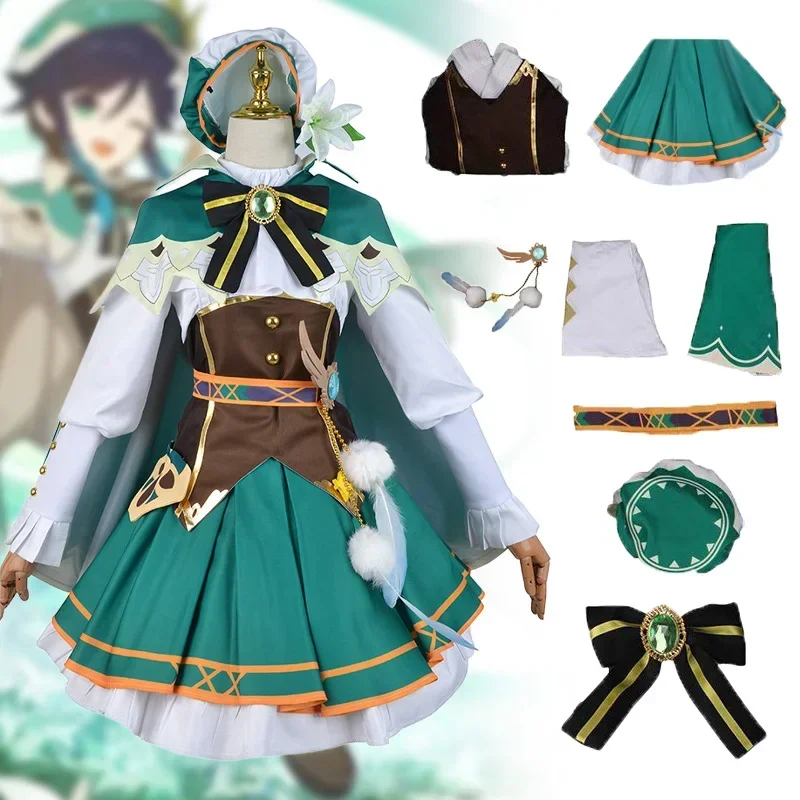 SN55Game Genshin Impact Cosplay Venti Cosplay Costume Shota Lolita Hat Cape Skirt Wig Wind God Uniform Halloween Costumes f@54WE