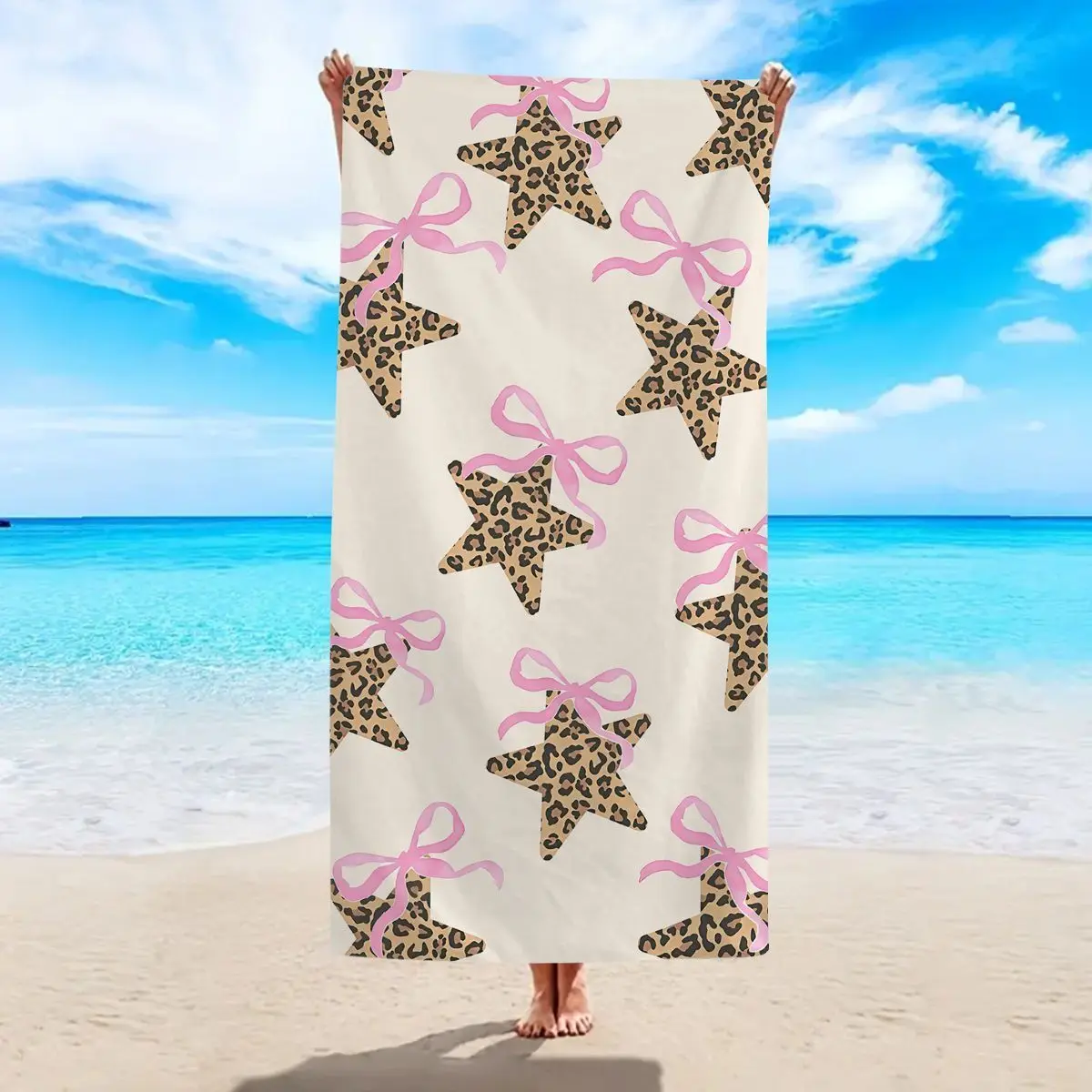 Leopard Print Beach Towel, Microfiber Quick Dry Water Absorbent, Bow & Floral Pattern, Seaside Outdoor Swimming Sports Towel Sha