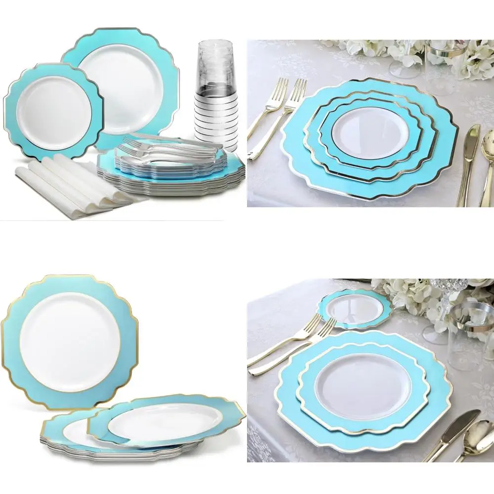 

Disposable Wedding Dinnerware Set for 25 Guests - 200 Pieces Heavyweight Plastic Plates and Cutlery - 10.5 & 8 Dinner Plates wit