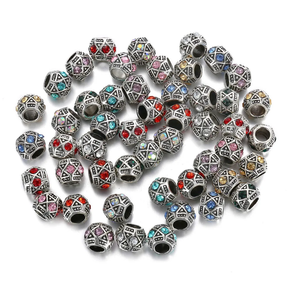 

Antique Silver color Rhinestones Round European Big Hole Spacer CharmsBeads for DIY Jewelry Making Charms Bracelet Finding