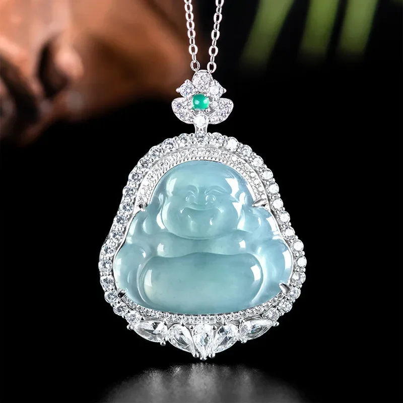

Natural A-grade Jade Blue Water Buddha S925 Silver Inlaid Ice Jadeite Pendant Women's Necklace Fashion Jewelry Drop Shipping