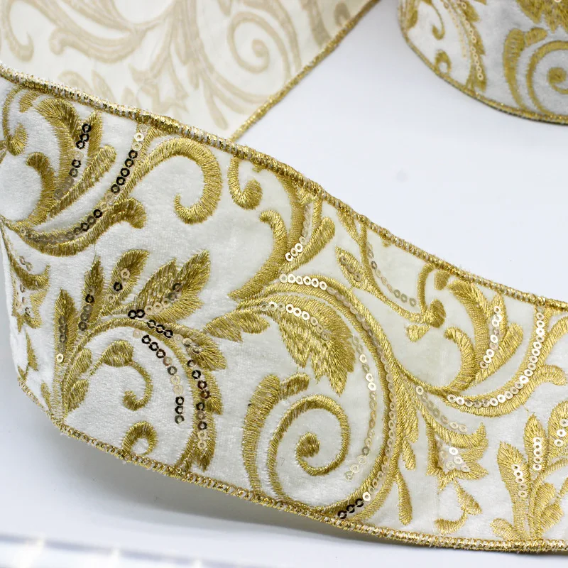 1/5/10yards Geometric Flower Pattern Gold Thread Embroidery Wired Ribbon Jacquard Lace Webbing for Crafts Sewing Christmas Decor