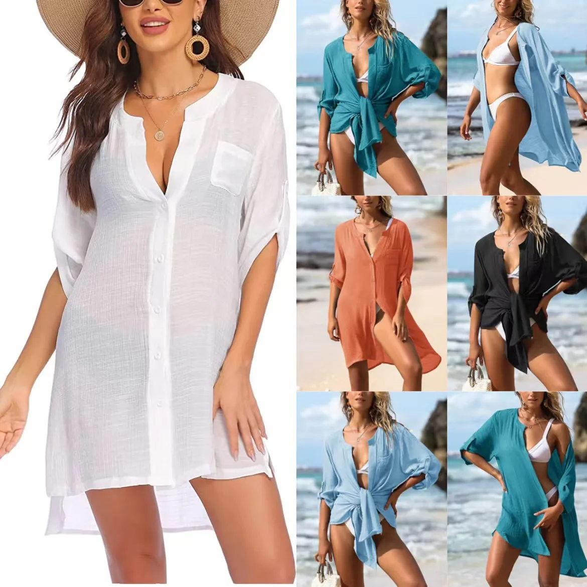 Women's swimsuit cover up 2023 summer new solid color Bohemian cardigan sun protection beach bikini cover up