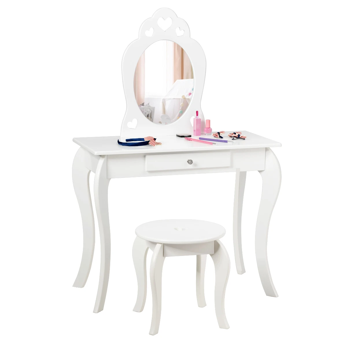 

Kids Vanity Set Princess Makeup Dressing Play Table Set W/Mirror for Girls White