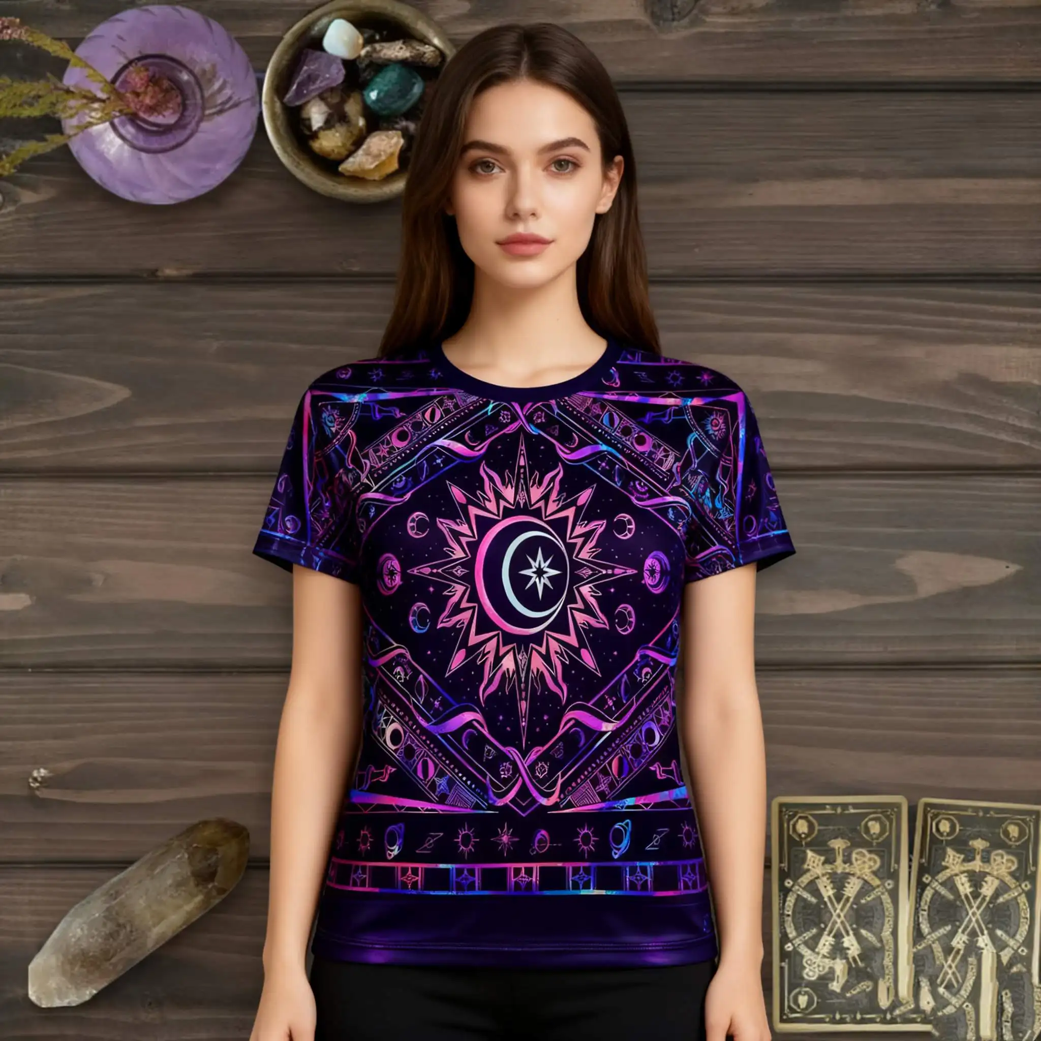

Женская футболка с космическим небесным геометрическим рисунком — принт мистической астрологии с мотивами луны и звезд для оккультной моды в стиле бохо